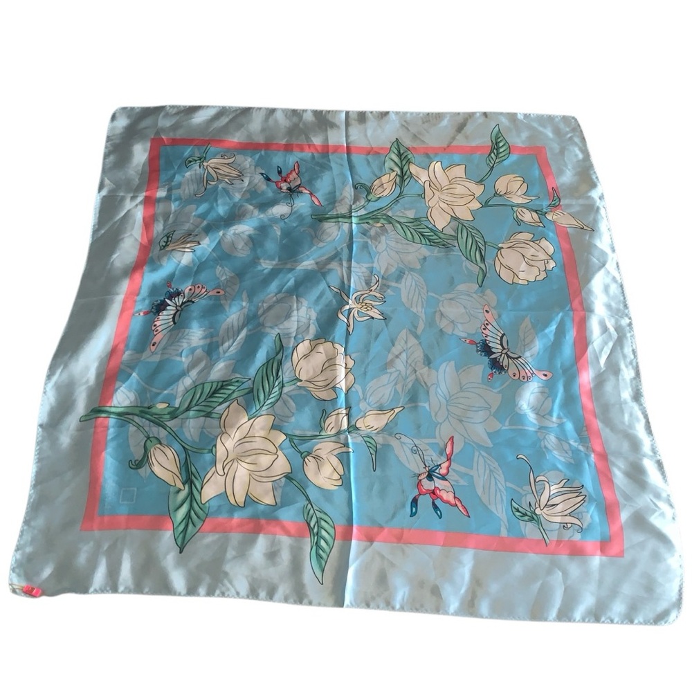 Blue and Pink Decorative Scarf with Floral Pattern
